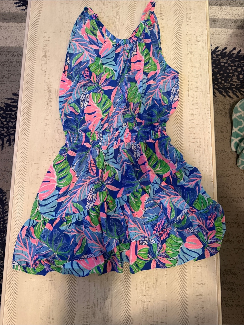 Lilly Pulitzer Tropical Halter Romper in Blue, Pink & Green